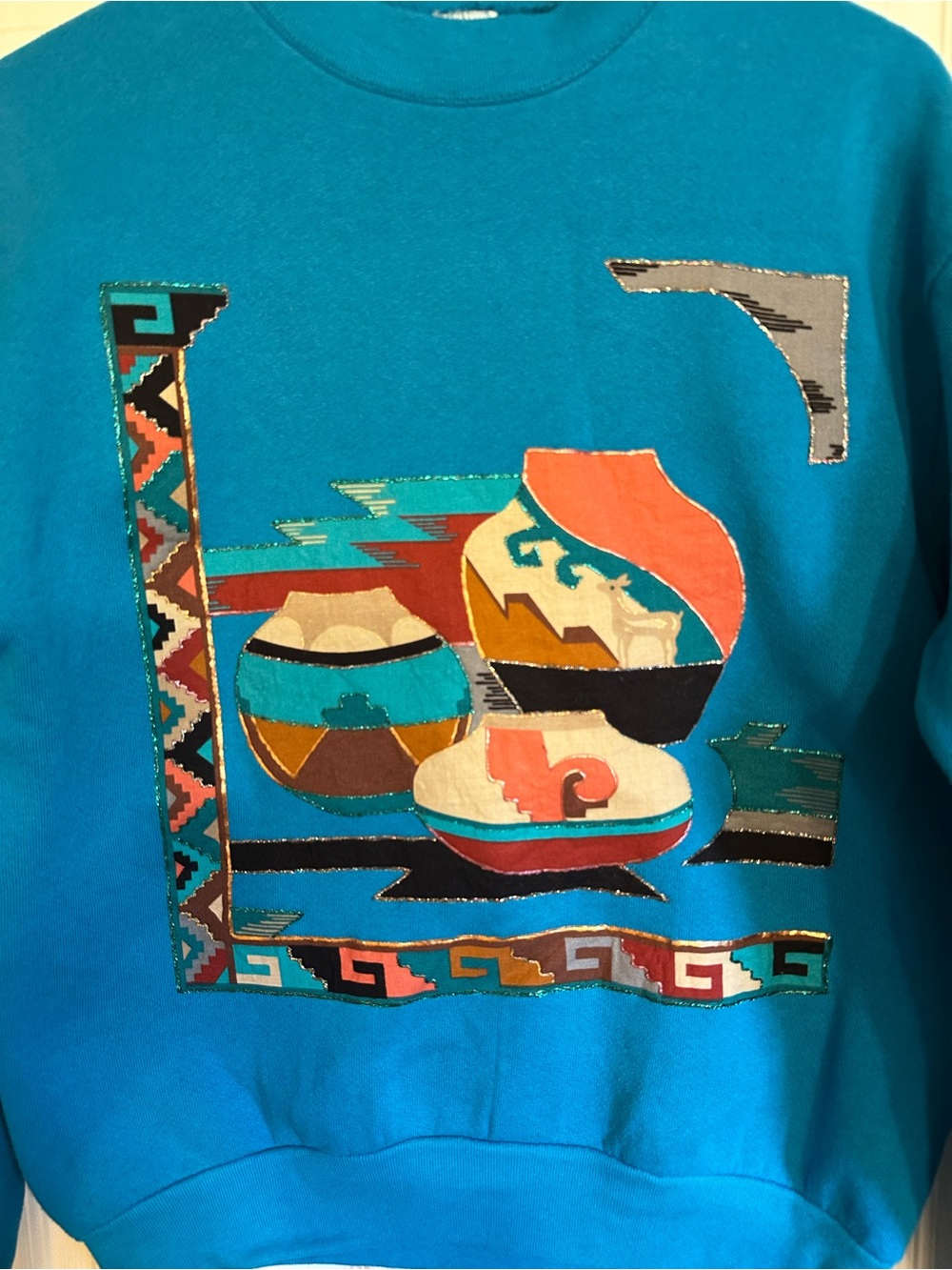 VTG Women’s Teal Fruit Of The Loom Crewneck Sweatshirt M Southwestern Pottery - Picture 2 of 6